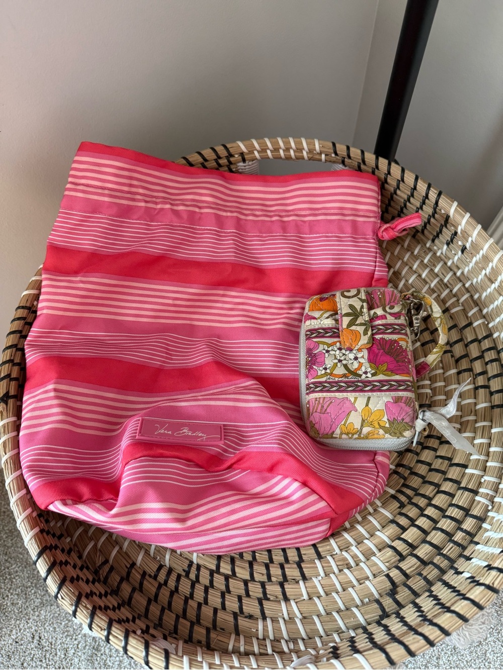 Vera Bradley Pink Striped Tote with Logo Patch & Wallet bundle
